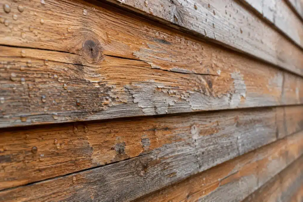 Gros plan sur un bardage bois montrant usure, fissures et décoloration