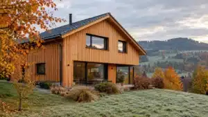 Maison avec façade en bardage bois en automne en Suisse romande