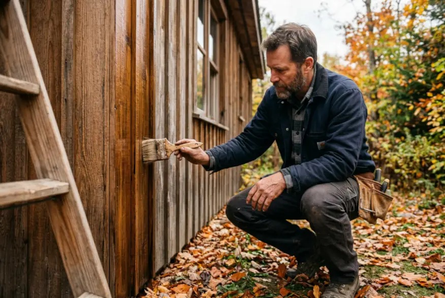 Charpentier inspectant et traitant un bardage bois avant l’hiver